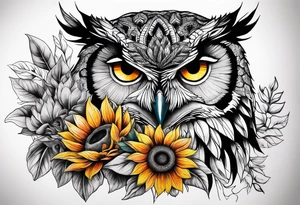 Leg sleeve with colorful sunflowers and an owl tattoo idea