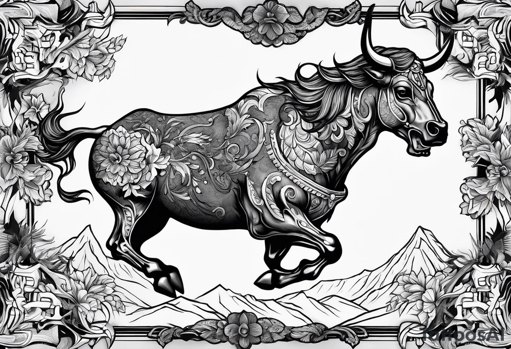 Skeleton riding bull tattoo idea