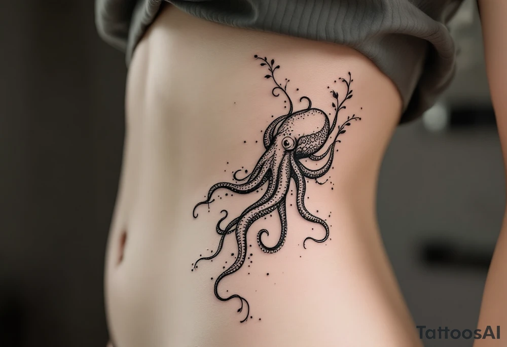 A delicate, large-scale fine line tattoo on the side torso of a woman with fair skin, extending from the ribs to the hip. The design subtly reveals the form of an octopus, with flowing, abstract organic lines that resemble both seaweed and the creature’s tentacles. The octopus is stylized and partially hidden within the composition, with its shape emerging naturally from the curved, airy ink lines. The tattoo maintains a minimalist, elegant aesthetic with black fine line work, giving a sense of fluid motion and mystery. Photorealistic style, high detail, natural lighting, soft shadows. tattoo idea