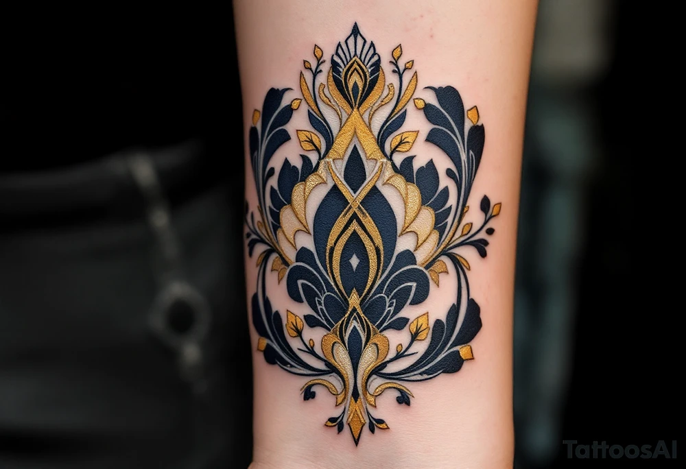 Art Deco Stafford – A stylized design with elegant symmetry and gold and deep navy tones, inspired by Art Deco architecture. tattoo idea