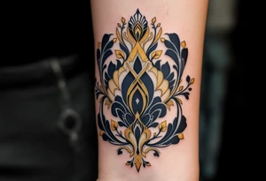 Art Deco Stafford – A stylized design with elegant symmetry and gold and deep navy tones, inspired by Art Deco architecture. tattoo idea
