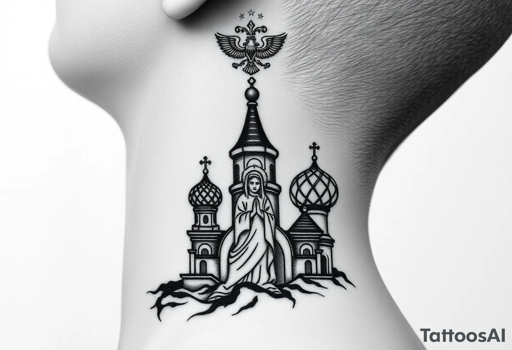 Flowing Scene

A onion domes orthodox church
Virgin Mary in prayer pose wrapping around the lower neck curve
A small double headed russian coat of arms eagle or just the star tucked above the dome near the hairline tattoo idea
