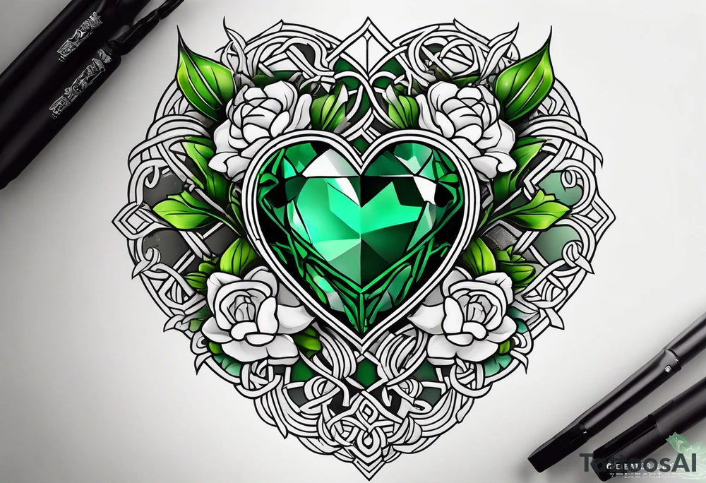 Irish Celtic with an Emrald green gem in the middle of the heart with a bundle of carnations, leaves, and narcissus coming out of the hands. tattoo idea