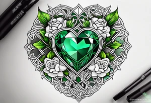 Irish Celtic with an Emrald green gem in the middle of the heart with a bundle of carnations, leaves, and narcissus coming out of the hands. tattoo idea