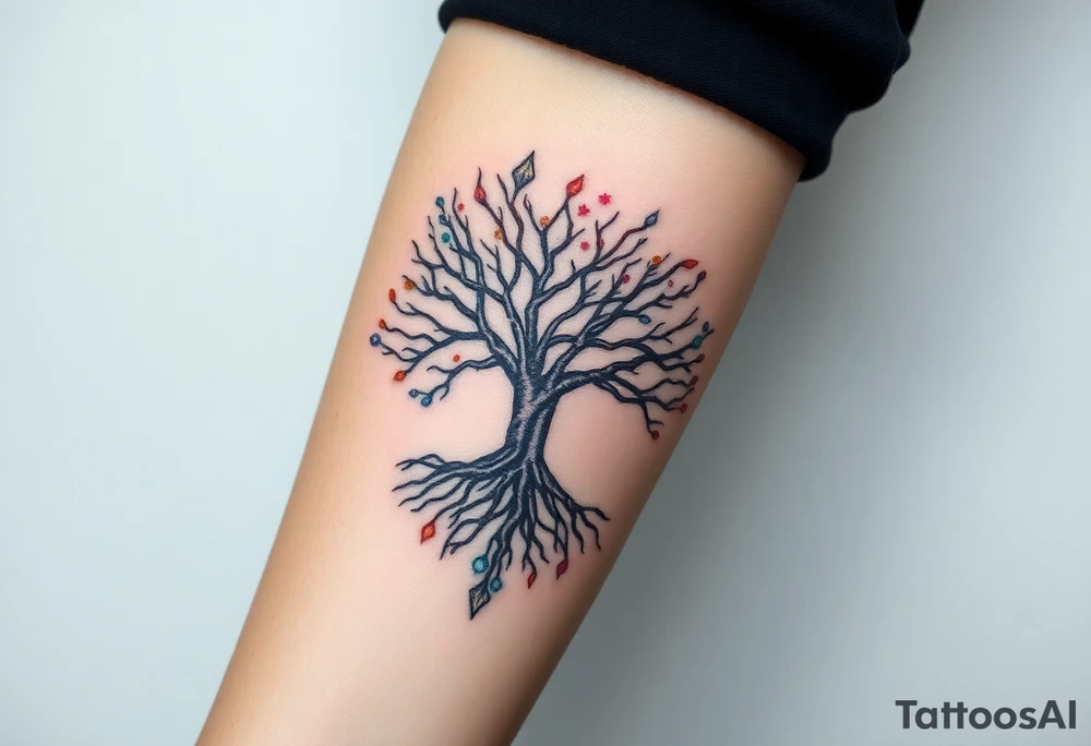 mystical tree of life with cosmic roots and celestial branches tattoo idea