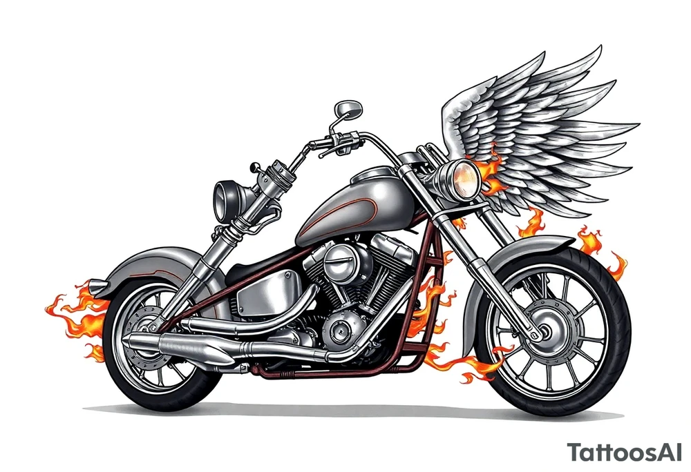 Low rider grey motorcycle, big muffler pipes with flames, angel wings, driving away, no person tattoo idea