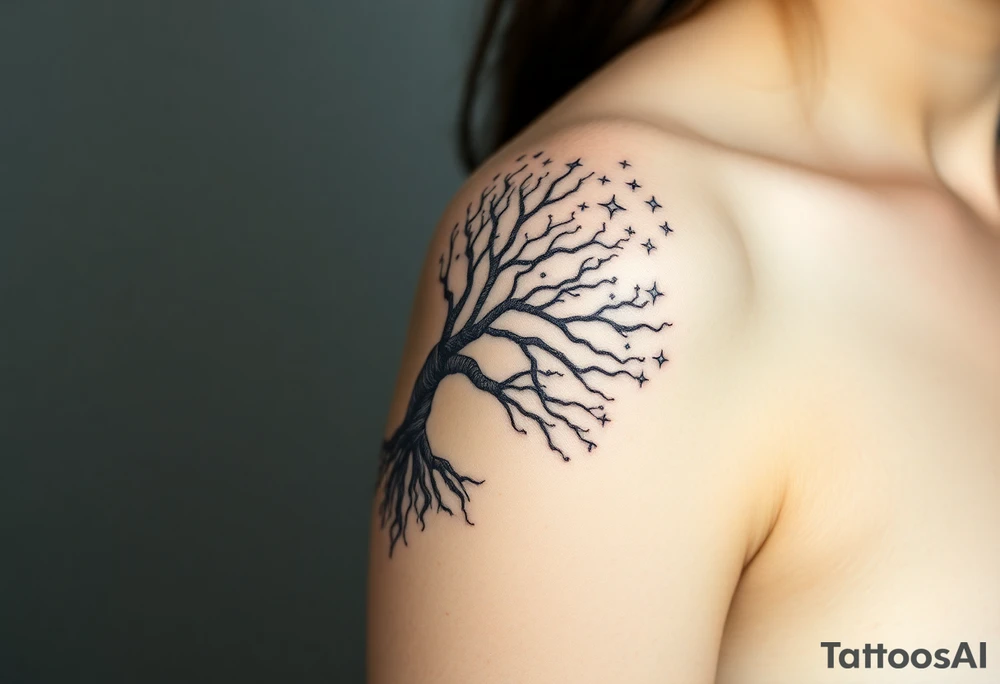 mystical tree of life with cosmic roots and celestial branches, stars tattoo idea