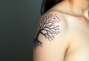 mystical tree of life with cosmic roots and celestial branches, stars tattoo idea