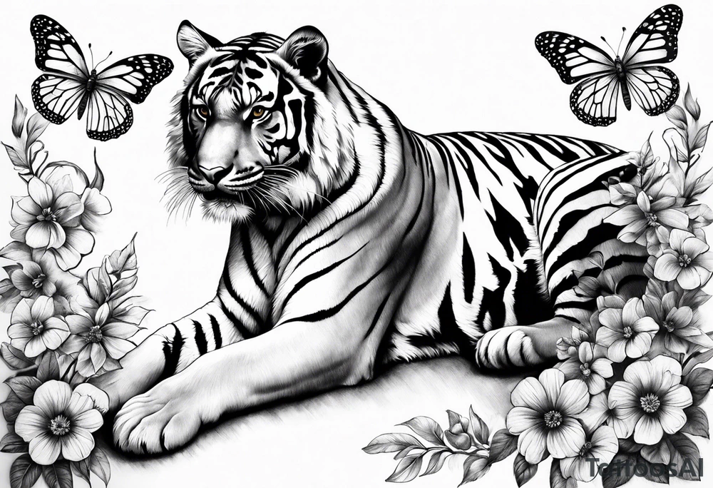 realistic tiger full length, 3 butterflies, flowers for ladies thigh / hip shaded tattoo idea