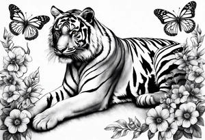 realistic tiger full length, 3 butterflies, flowers for ladies thigh / hip shaded tattoo idea