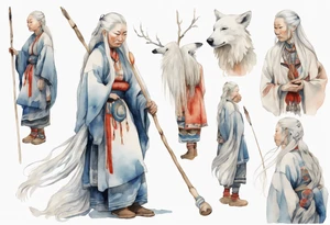 a solitary Sami woman with long white hair holding onto a white staff tattoo idea
