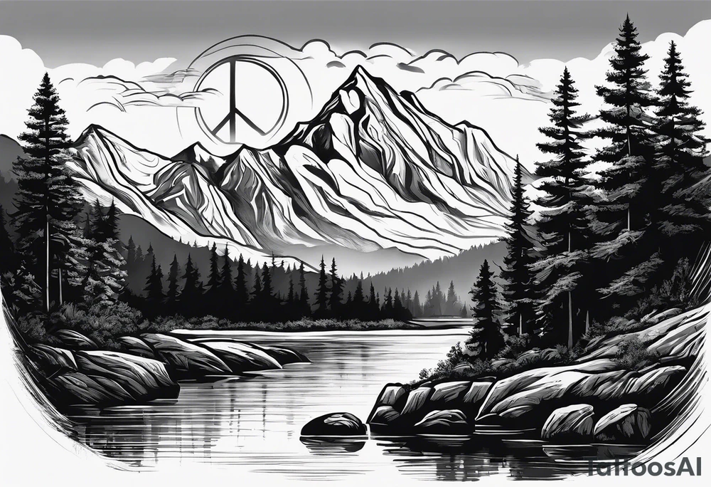 Mountain scene with a river with a subtle peace sign. Use IT IS WELL written in the scene tattoo idea