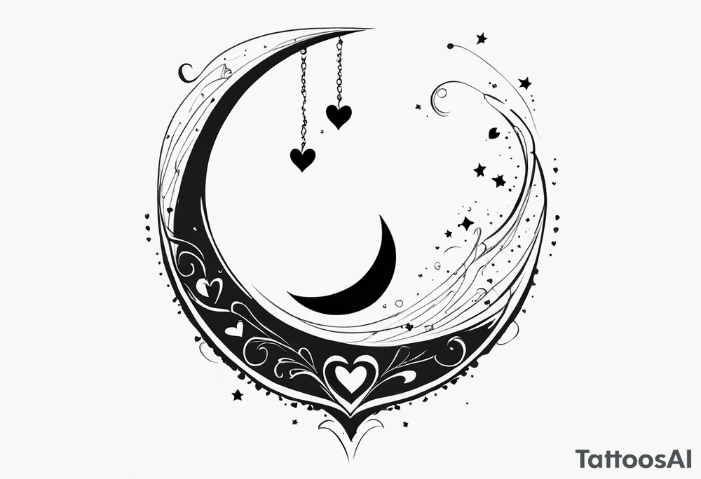 Crescent moon with hearts dangling from the bottom of it tattoo idea