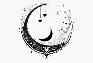 Crescent moon with hearts dangling from the bottom of it tattoo idea