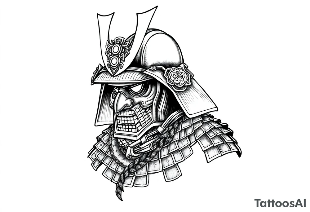 Samurai helmet tattoo design, Japanese traditional style, black ink, detailed armor, ornamental patterns, bold linework, sketch style, centered, forearm tattoo design tattoo idea