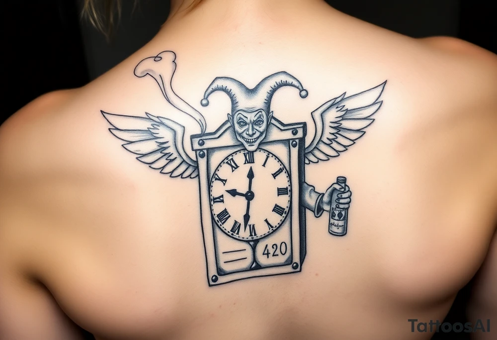 jack in the box
the box as a clock with the time 420
two open wings besides the clock
smoke as the spring
a jester clown coming out the smoke
smoking in one hand with a liquor bottle on the other hand tattoo idea