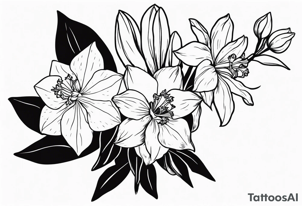 Larkspur and narcissus bouquet tattoo idea