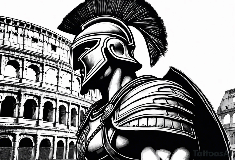 Side profile of spartan soilder with Rome Pantheon and colosseum in background tattoo idea