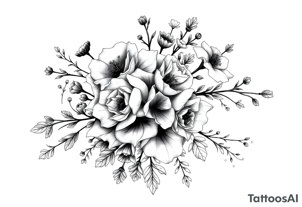 vintage bouquet of wild roses and meadow flowers with morning dew tattoo idea