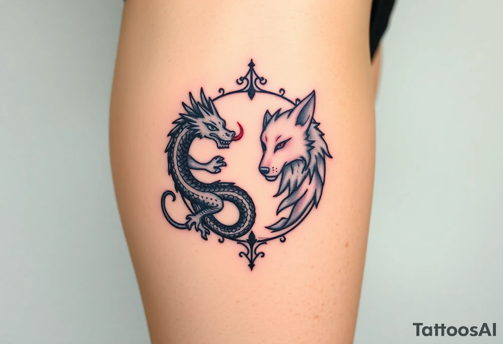 Ying yang symbol with one side a baby dragon and one side a wolf tattoo idea