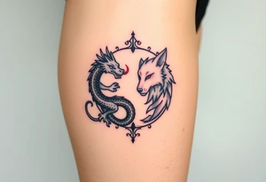 Ying yang symbol with one side a baby dragon and one side a wolf tattoo idea