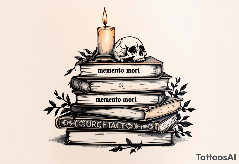A pile of old books in dusty browns and grays, topped with a candle and skull, "memento mori" inked across the spines. tattoo idea