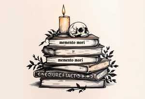 A pile of old books in dusty browns and grays, topped with a candle and skull, "memento mori" inked across the spines. tattoo idea