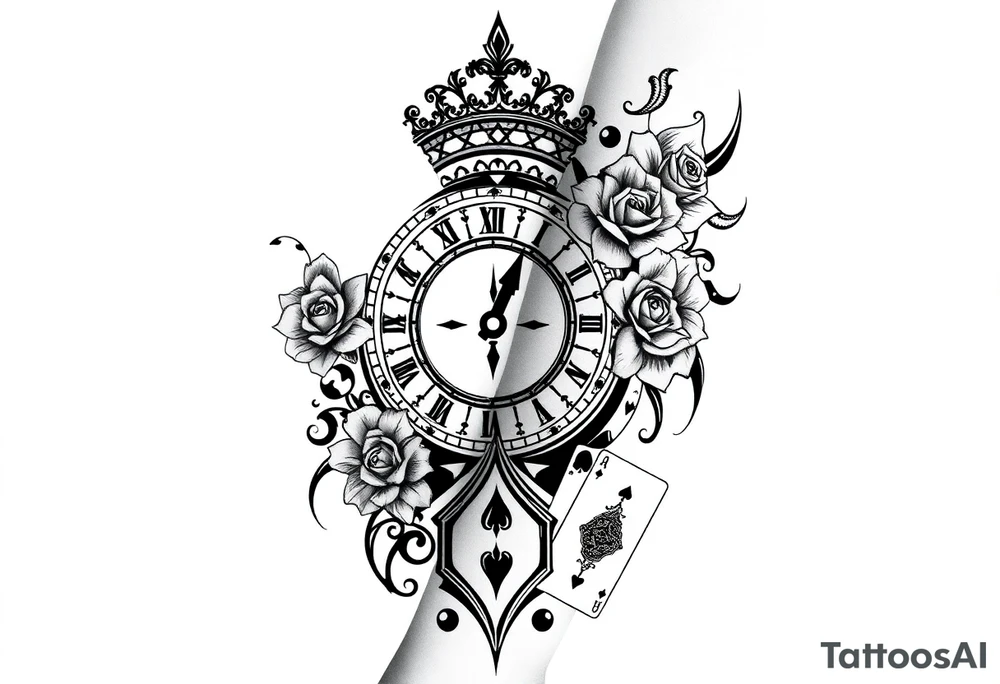Roman clock with roses and a crown,  a quote that says nothings forever. and on the bottom a deck of cards tattoo idea