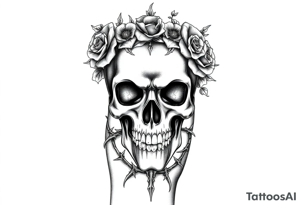 ornate skull adorned with crown of wild roses and thorns tattoo idea