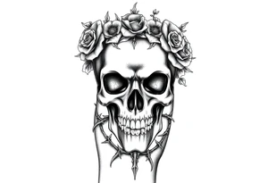 ornate skull adorned with crown of wild roses and thorns tattoo idea