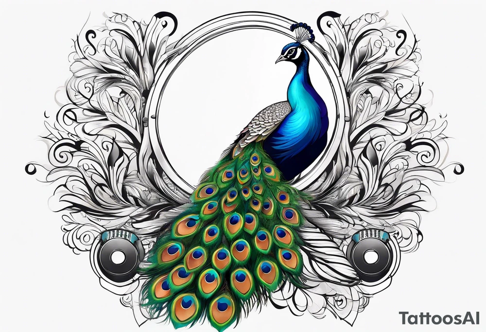 Peacock surrounded by music tattoo idea