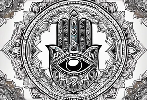hand of hamsa chakra, spiritual earthly geometrical shapes tattoo idea