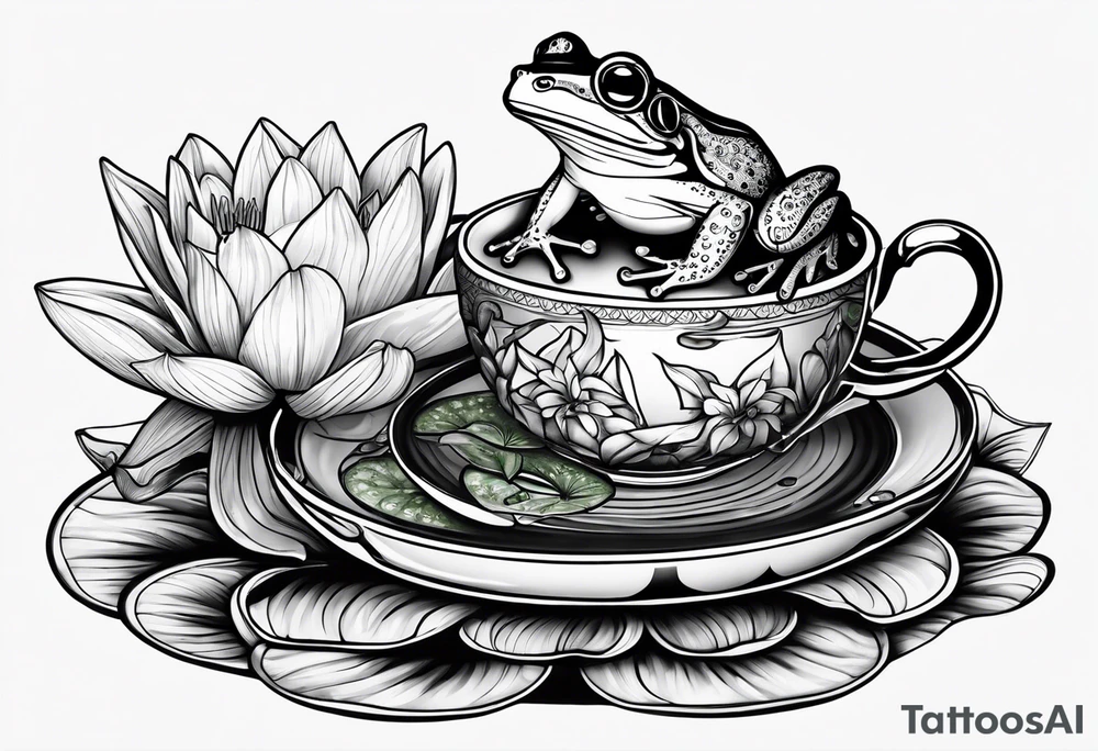 A frog on a lily pad drinking a cup of tea. tattoo idea