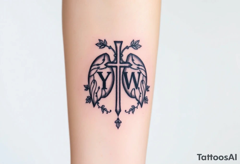 Initials YH WH in lungs with cross and grape vines tattoo idea