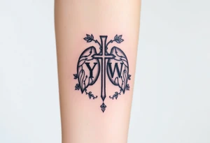 Initials YH WH in lungs with cross and grape vines tattoo idea