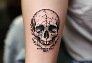 A cracked, stone-colored human skull with golden Roman laurel leaves and "memento mori" in weathered Latin lettering. tattoo idea