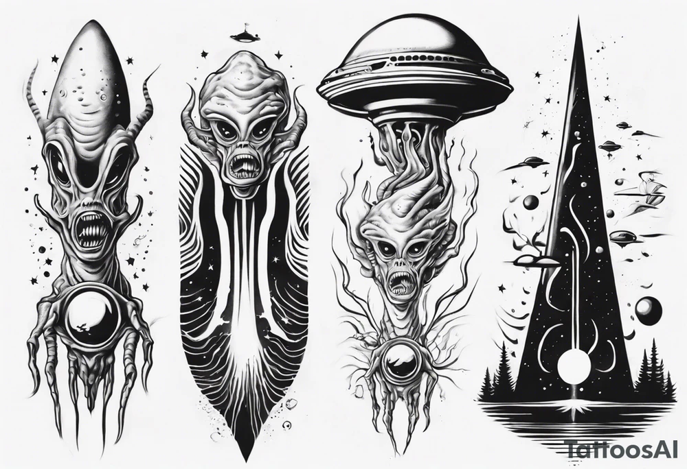 Trippy alien/ufo scene for a leg sleeve tattoo tattoo idea
