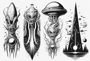 Trippy alien/ufo scene for a leg sleeve tattoo tattoo idea