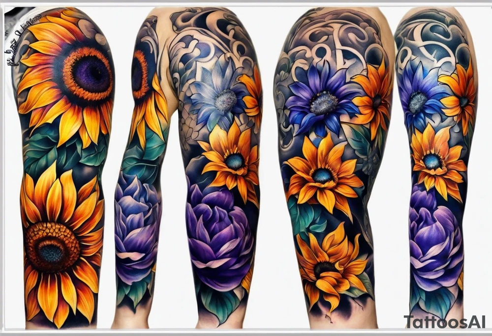Full arm sleeve with purple, orange and blue sunflowers tattoo idea