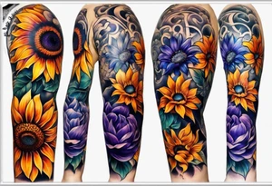 Full arm sleeve with purple, orange and blue sunflowers tattoo idea
