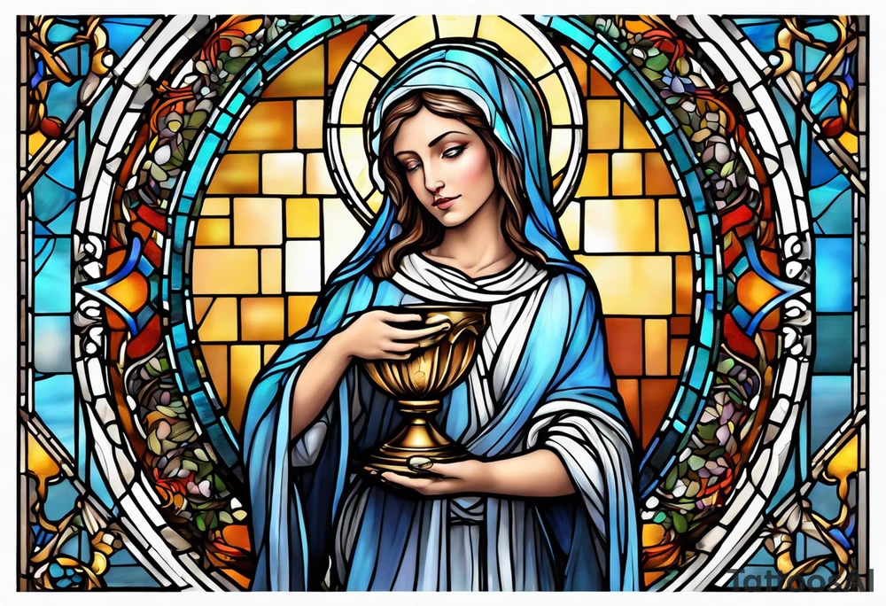 holy saint woman with halo stained glass holding a chalice tattoo idea
