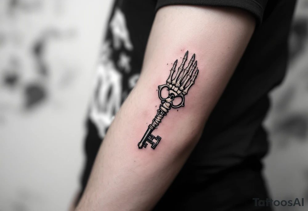 Minimalist finger bone key and ribcage lock – A surreal design where the key is carved from a skeletal finger bone, pointing downward, and the lock is embedded into a cracked human ribcage. The style is fine line with soft shading in muted gray and bone white, accented with light shadowing and subtle black ink details to give it a haunting yet elegant vibe. tattoo idea
