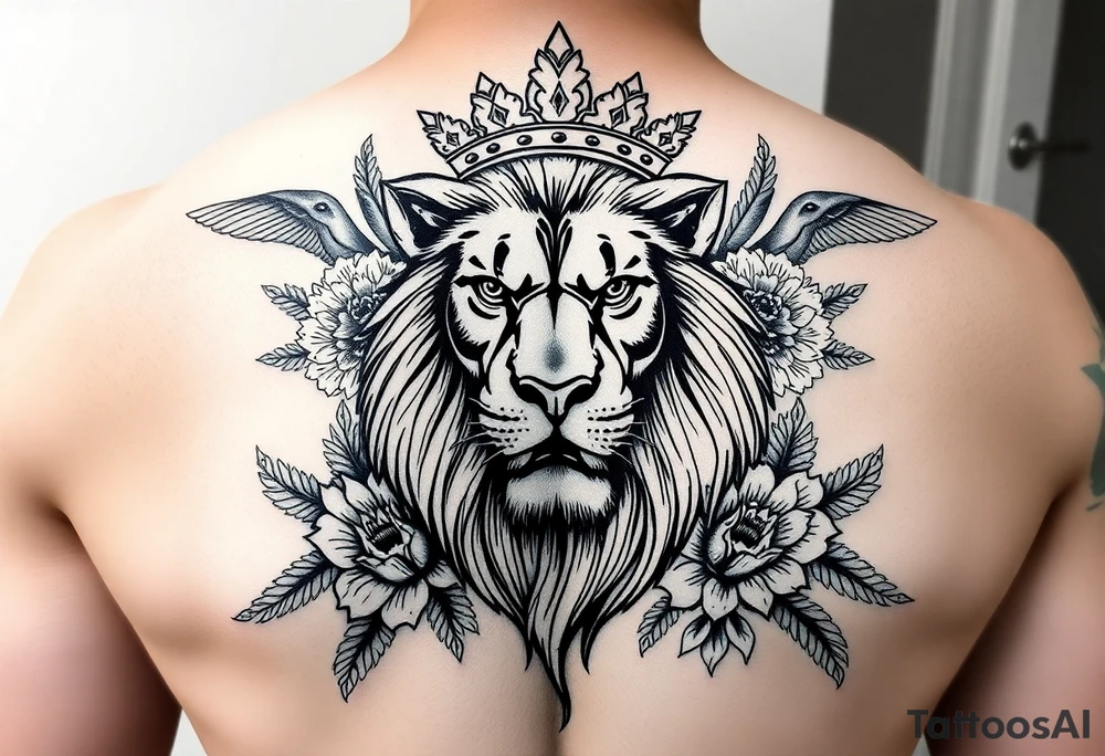 powerful majestic lion with a crown, surrounded by floral ornaments and birds tattoo idea