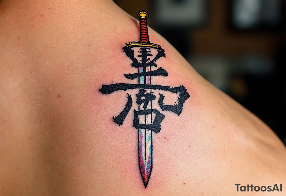 诚 (chéng, “honesty”) in clean black strokes with a sword represents truth and integrity. tattoo idea