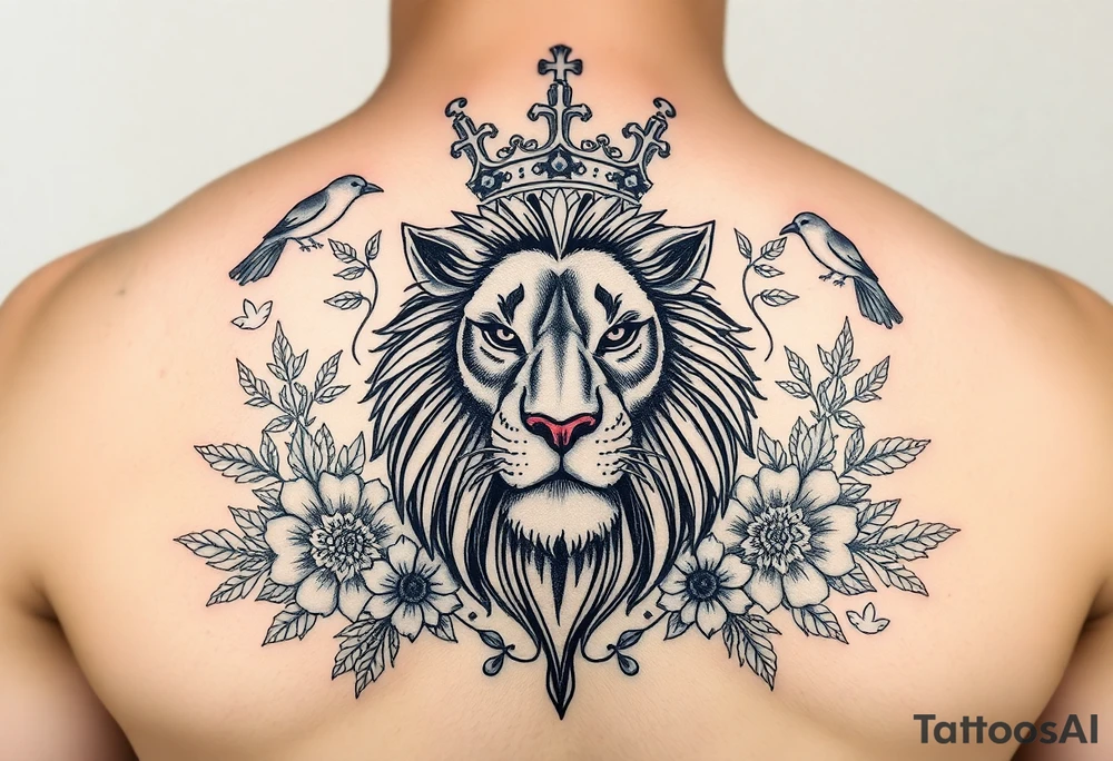 powerful majestic lion with a crown, surrounded by floral ornaments and birds tattoo idea