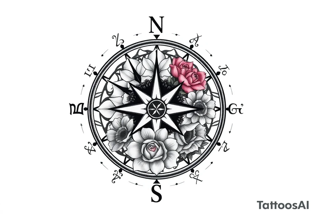 zodiac symbols the elements and Norse runes within ornate compass with roses lilly sunflowers tattoo idea