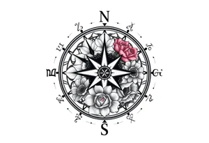 zodiac symbols the elements and Norse runes within ornate compass with roses lilly sunflowers tattoo idea