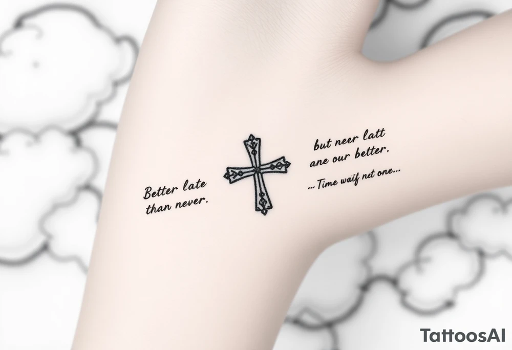 Element	Inhalt & Stil
Zentrales Kreuz	Schlicht, zentral, leicht schattiert
Linke Seite	„Better late than never, but never late is better.“
Rechte Seite	Zitat deiner Wahl (z. B. „Time waits for no one.“)
Hintergrund	Schattierte Wolken, evtl. mit Lichtstrahl
Platzierung	Innerer Unterarm, vertikal verlaufend tattoo idea