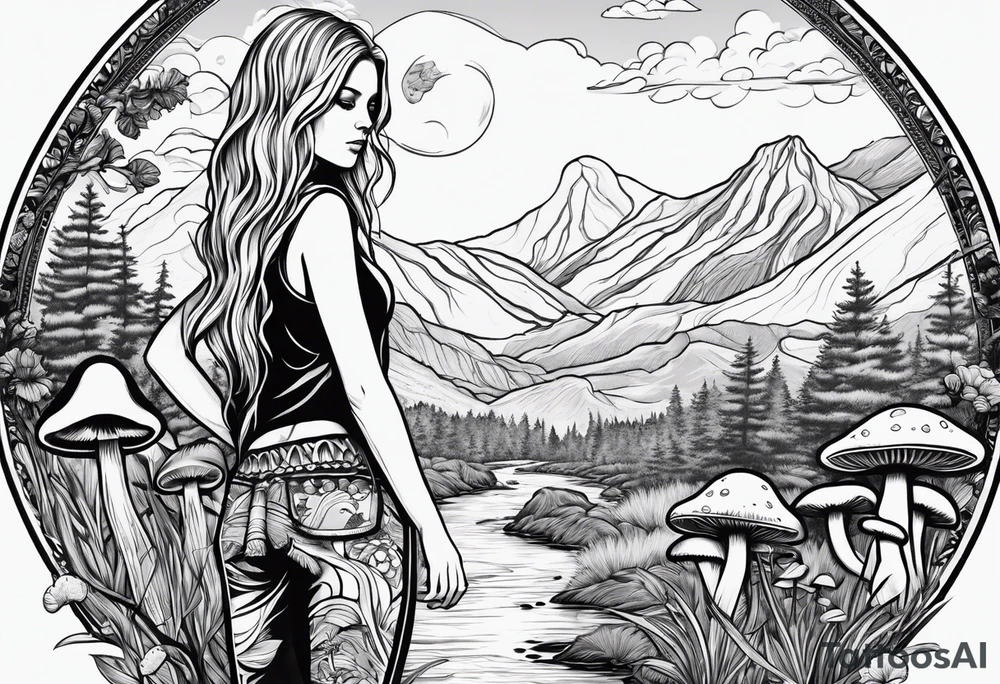 Straight long blonde hair hippie girl in distance holding mushrooms in hand facing away toward mountains and creek surrounded by mushrooms tee shirt and hiking pants; whole rendering within a full circle, no cut off circle tattoo idea