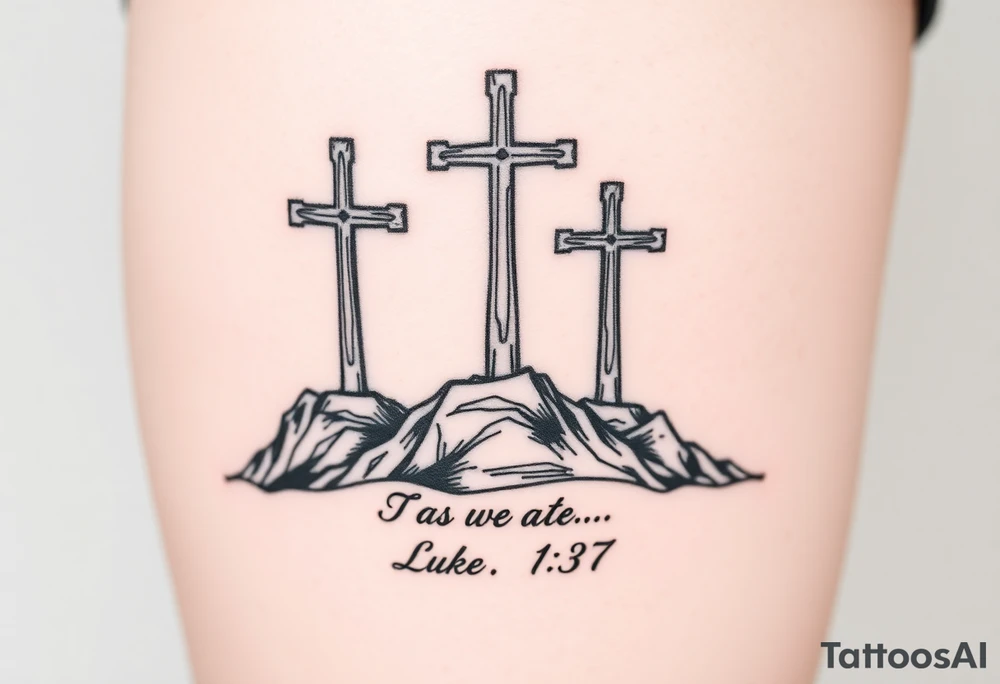 Three catholic crosses on Mountain. With verse Luke 1:37 below it. Put a lot of detail. tattoo idea